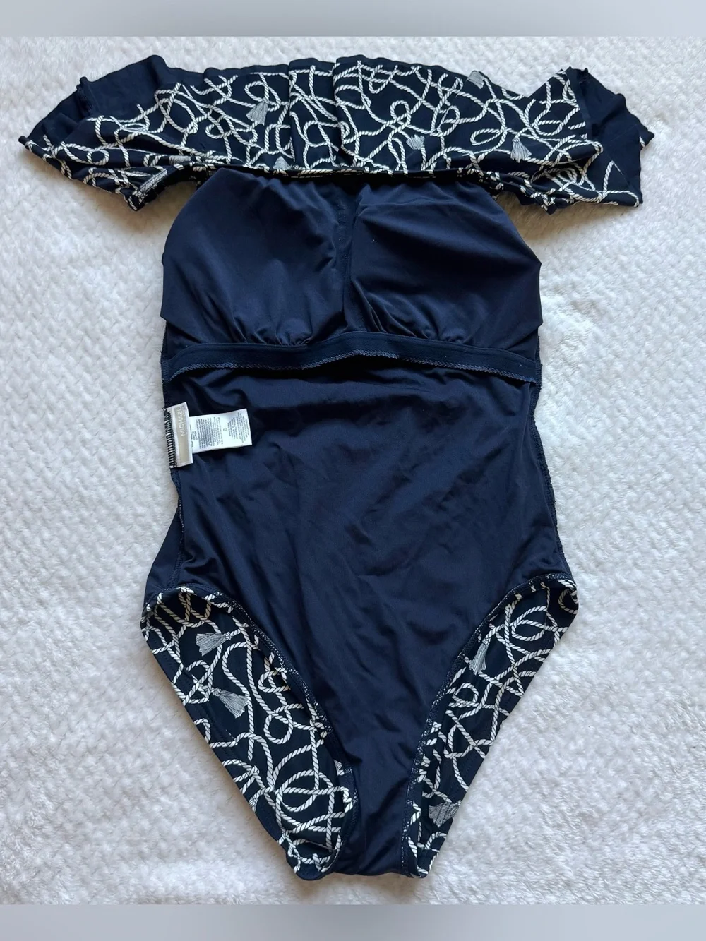 Michael Kors Off Shoulder Ruffle One Piece Swimsuit 8 Navy Old Money Nautical